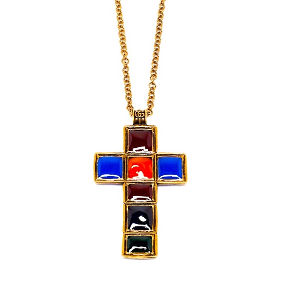 Gucci Textured Aged Antique Gold Gripoix Cross Pendant Necklace - Picture 1 of 13